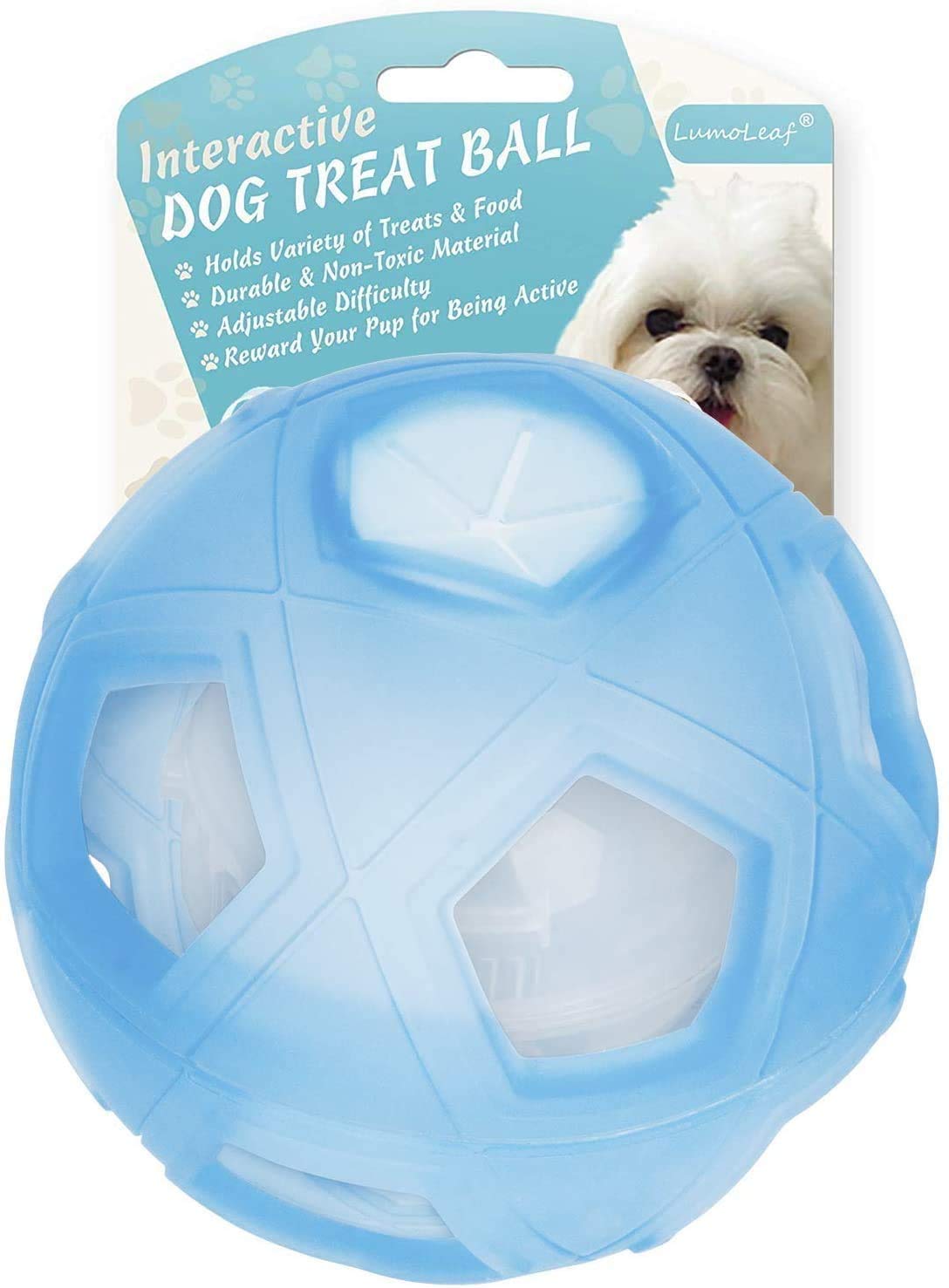 LumoLeaf Bola interactiva para perros y dispensador con ajustes de dificultad ajustables, juguete de rompecabezas de alimentación lenta para perros grandes, bola de 7 pulgadas, color azul