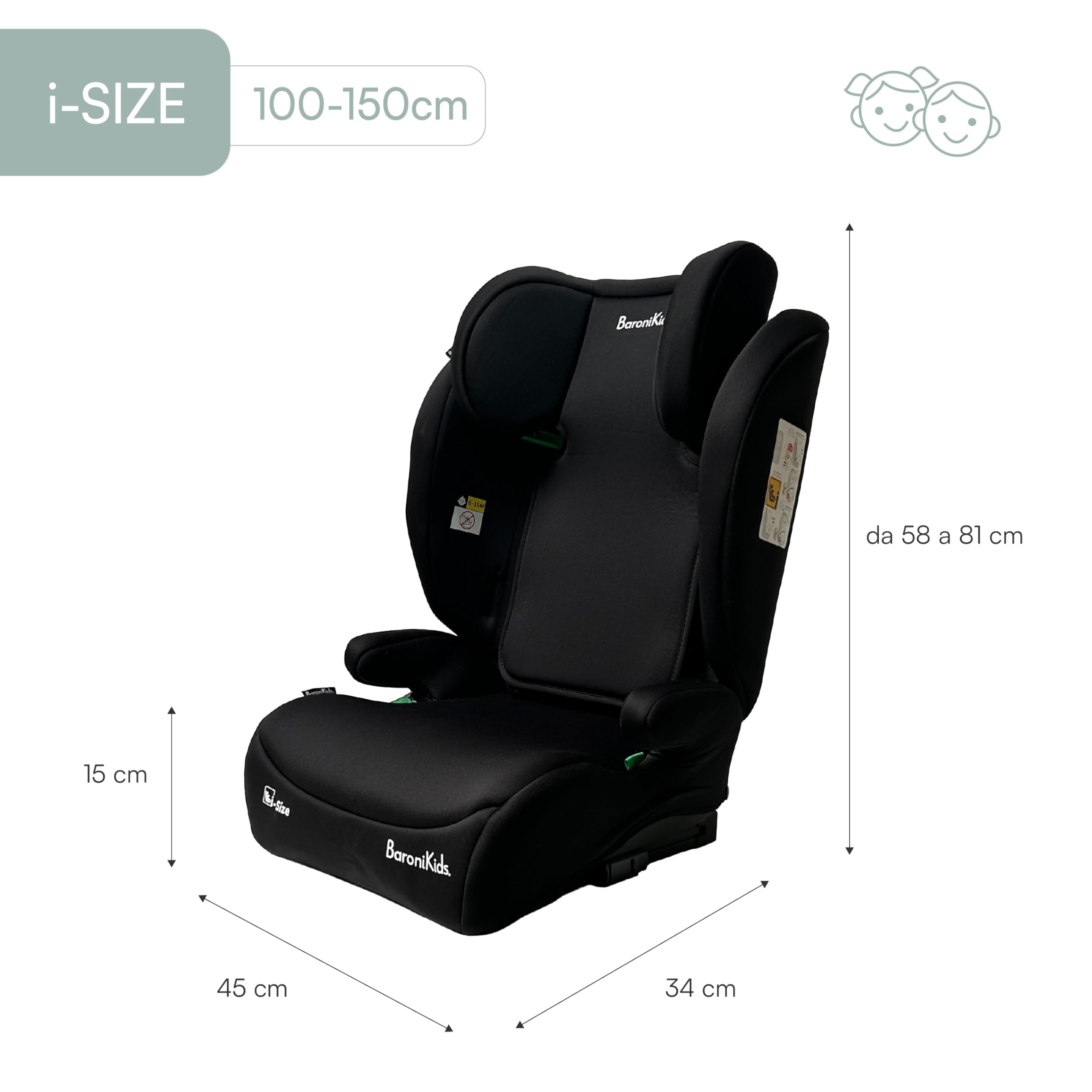 Rehausseur de voiture avec dossier i-Size 100-150 cm, appuie-tête réglable, siège rembourré, housse amovible et lavable (standard + Isofix)