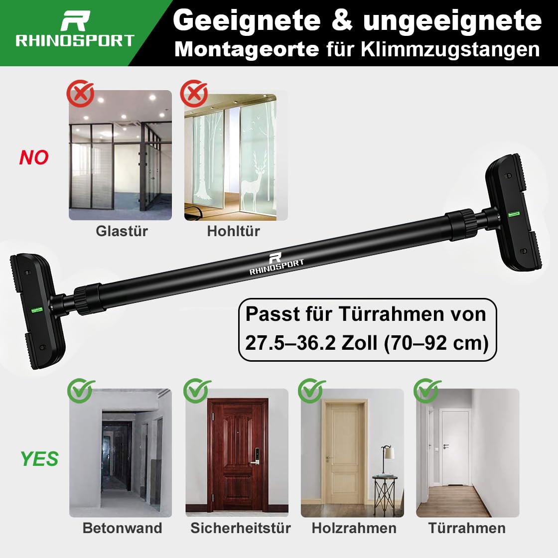 RHINOSPORT Drążek do podciągania futryny drzwi bez śrub, z obrotowym zamkiem zębatym, drążek do podciągania regulowany 69-92 cm, nośność do 200 kg, czarny