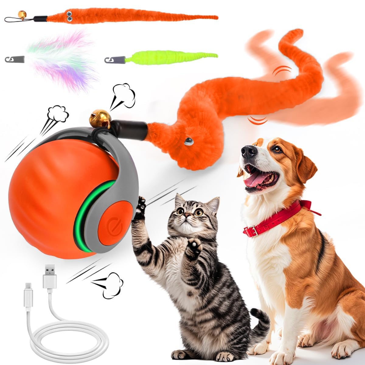 Interaktives Katzenball Spielzeug, Elektrisch Katzenspielzeug Ball interaktives Spielzeug mit Schwanz für Katzen Katzenspielzeug Selbstbeschäftigung,Über USB Wiederaufladbares(Short Tail) orange