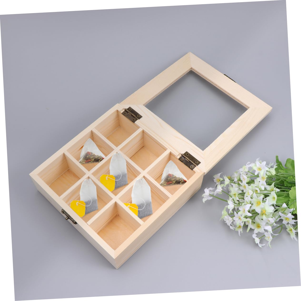 Cabilock Elegant Wooden Tea Box Organizer with Compartments and Glass Window Stylish Coffee and Tea Storage Chest for Home Restaurant Use Unique present for Tea Lovers