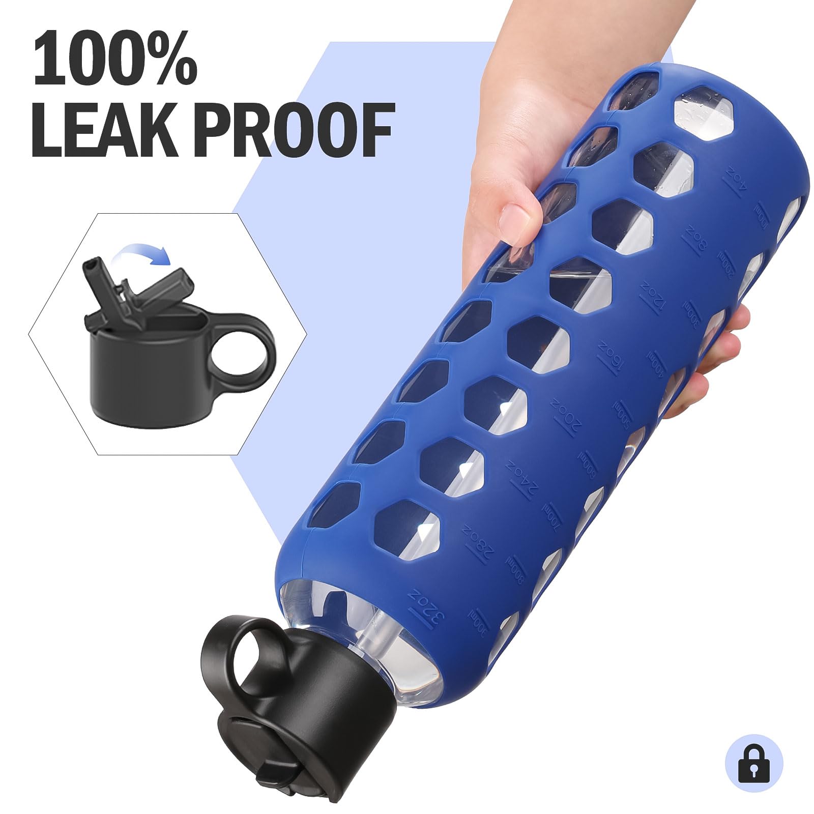 BLUEGO Borracce in vetro, 900ml Bicchiere in vetro, Bottiglie per bere con 2 coperchi, Bottiglia per l'acqua sportiva con custodia in silicone, A prova di perdite, Blu