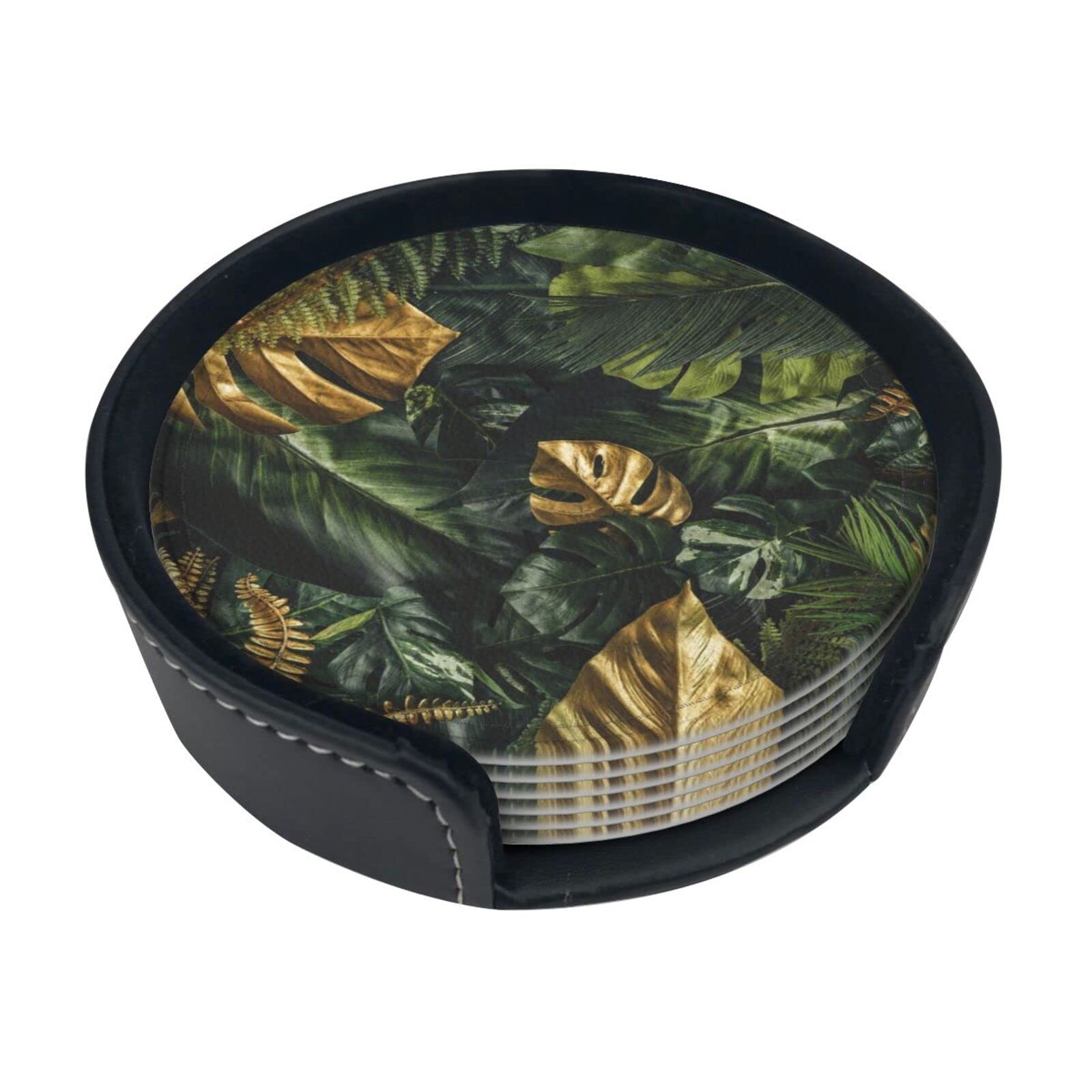 Drink Coasters Set of 6 Cup Mat Tropical Jungle Leaves Print Leather Coasters with Holder for Glass Coffee Cup Mug