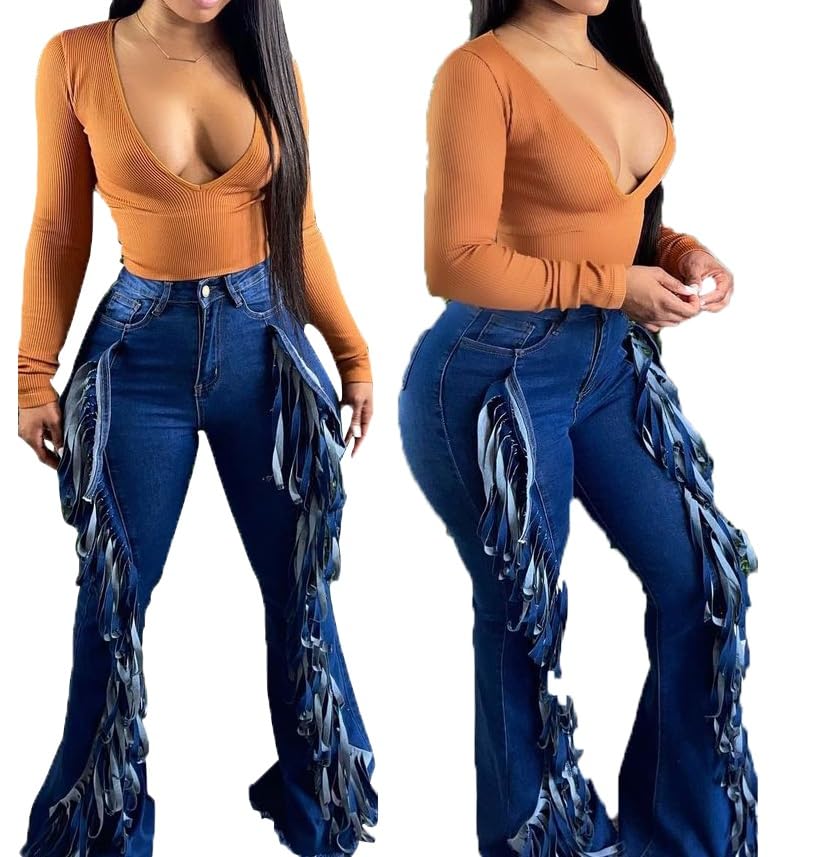 Bell Bottom Jeans for Women Ripped High Waisted Classic Tassels Flared Pants4