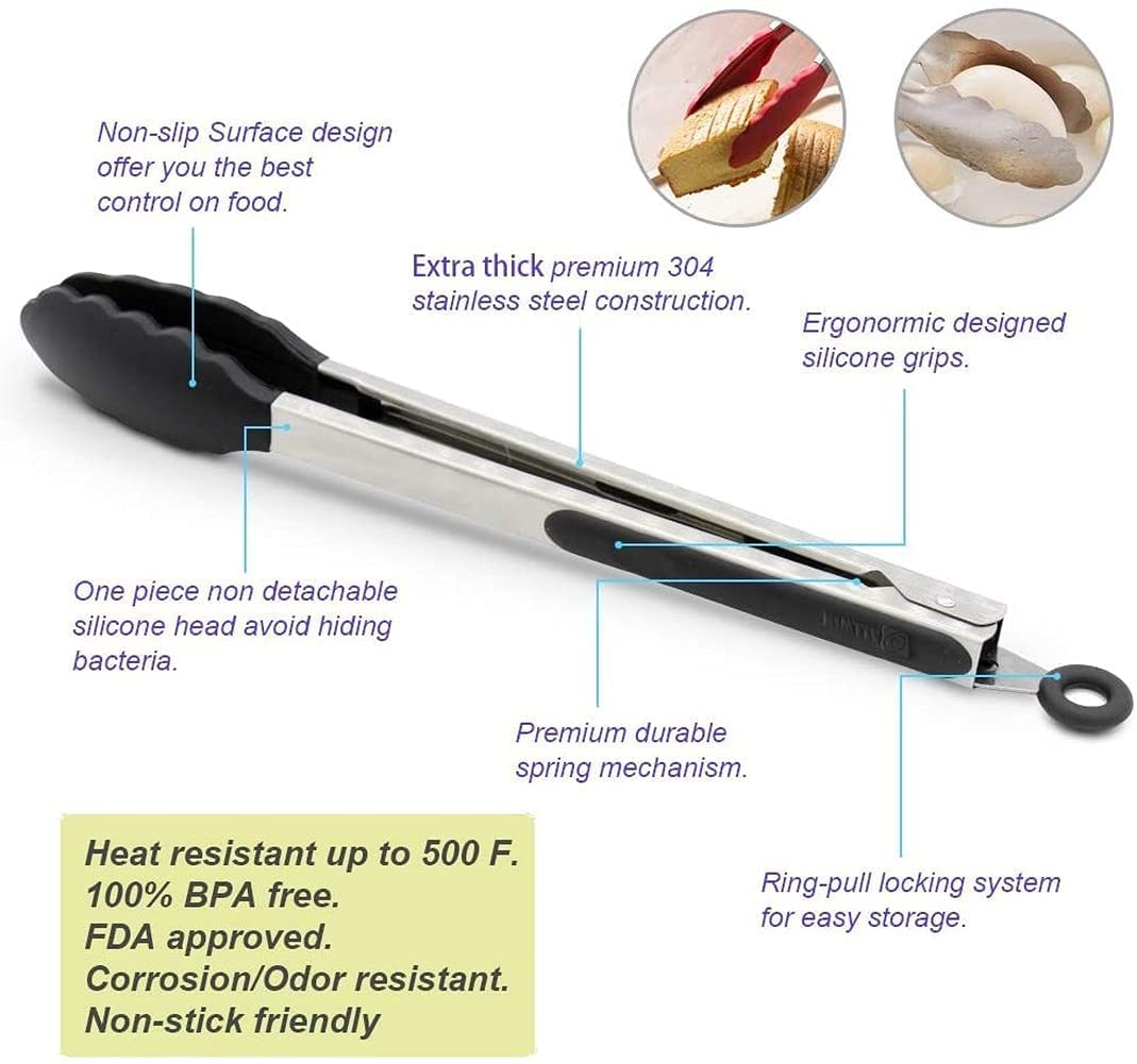 Lot de 2 Pinces de Cuisine Noires en Silicone de qualité supérieure sans BPA antiadhésives en Acier Inoxydable pour Barbecue, Cuisson, grillades, Pinces Alimentaires verrouillables