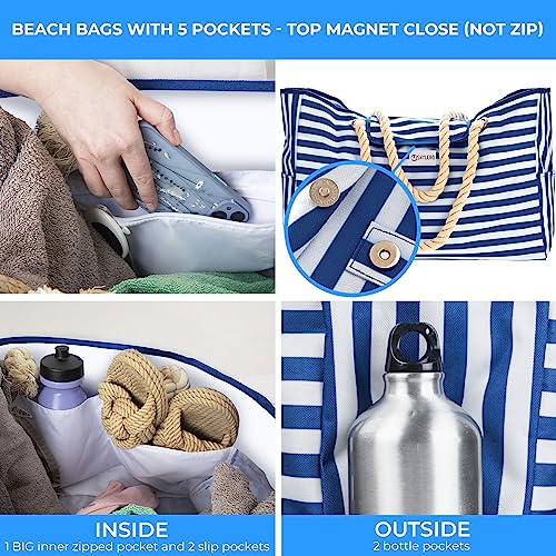 Image of SHYLERO Beach Bag and Pool Bag - Magnetic Snap Closure - Water Resistant | Beach Tote is Family Size L22 inchxH15 inchxW6 inch and Includes an Airtight Pouch. Machine Washable