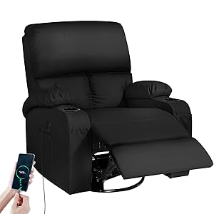 Silla mecedora con función de relajación, masaje con vibración y calor, conectores USB y tipo C, silla giratoria de piel sintética de 360°, para salón, dormitorio, habitación de los niños, negro