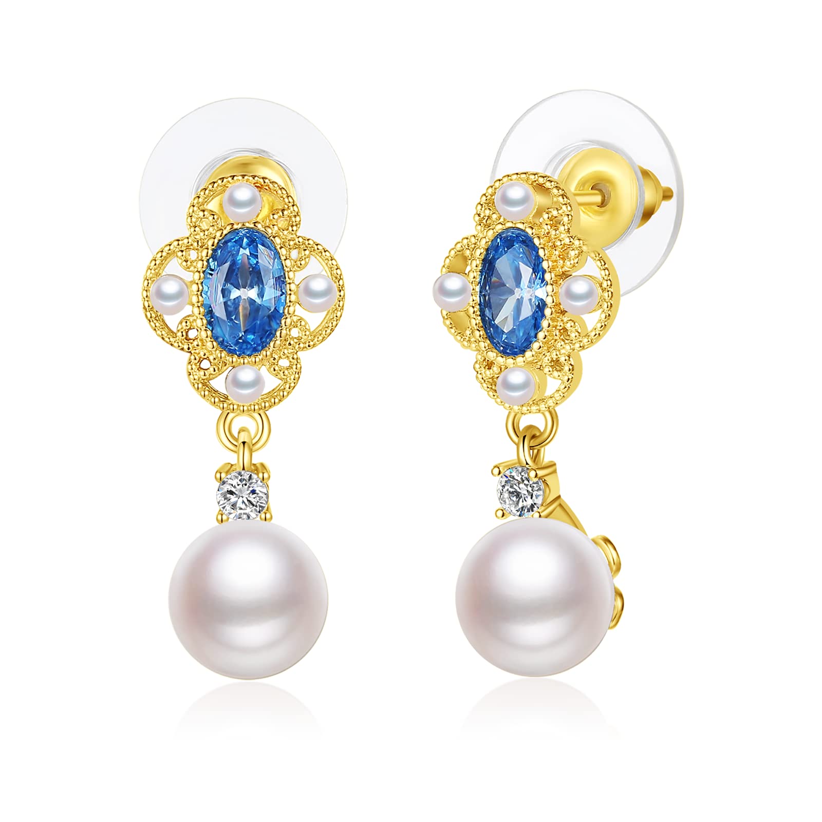 Orecchini A Goccia ZEVMI Con Zaffiro, Perle D'Acqua Dolce E Zirconi - Argento Sterling Placcato Oro Giallo, Ipoallergenici
