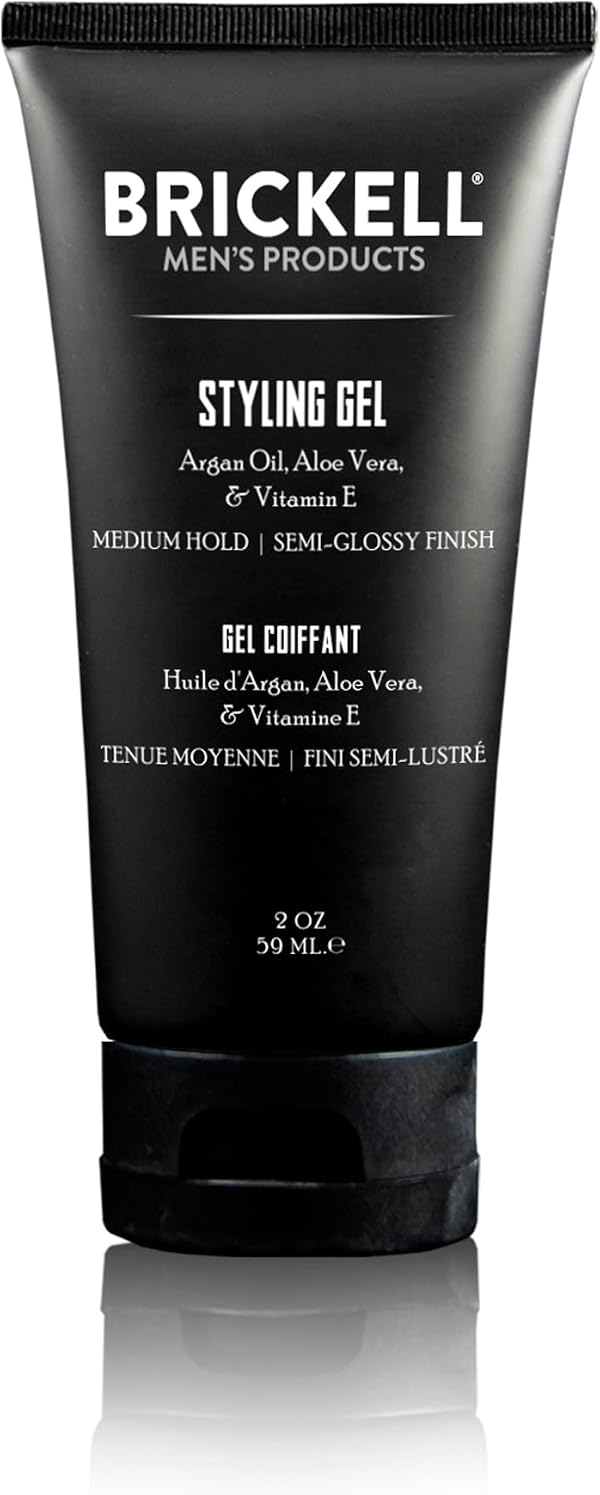 Brickell Men's Hair Styling Hair Gel For Men, All Day Hold for Glossy Style, With Argan Oil, Vitamin E, and Aloe, Scented, 2 Ounce