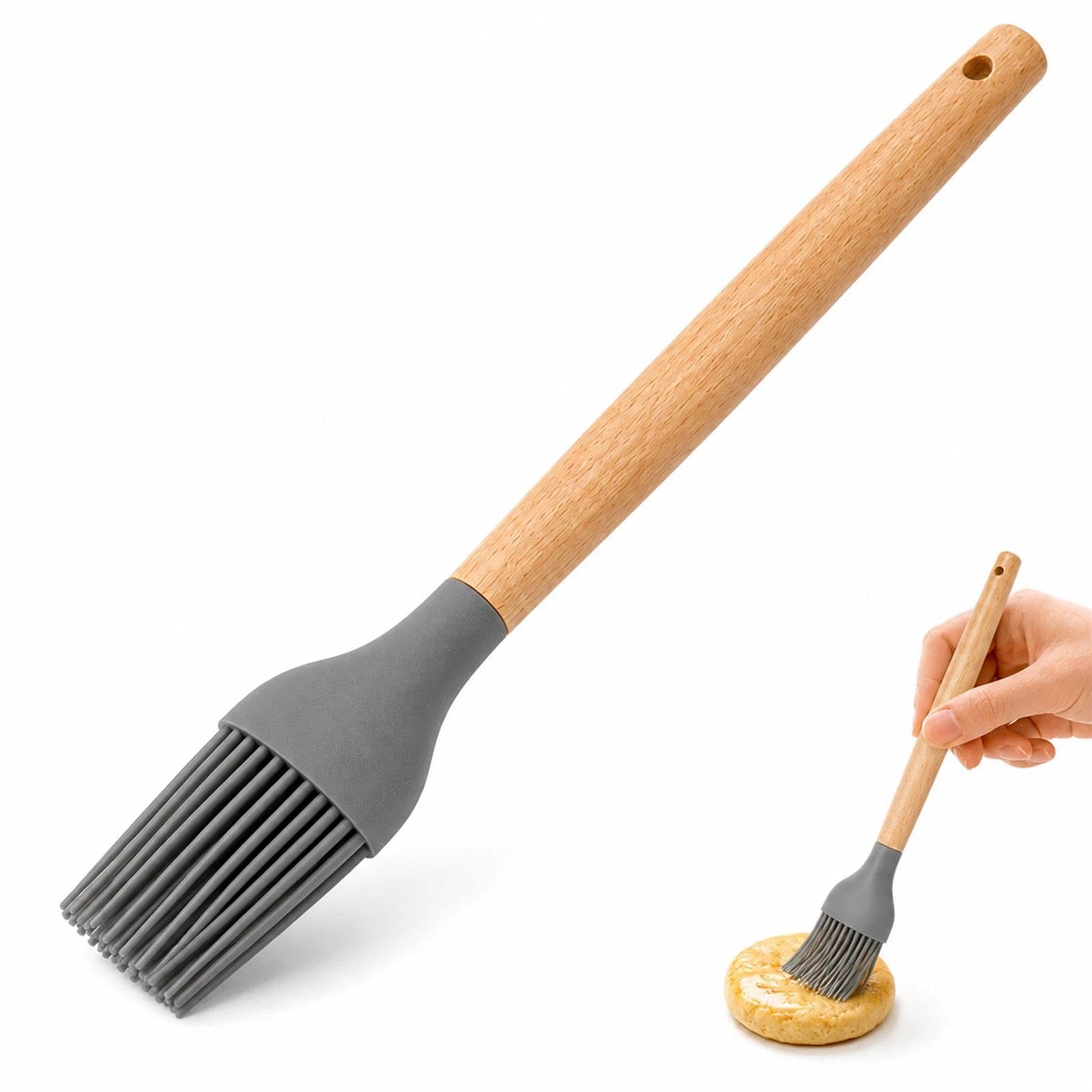 FYHJNC Silicone Pastry Brush, 27cm Heat Resistant Basting Brush, BPA Free Non-Stick Silicone Bristles & Beech Wood Handle for Baking, Grilling, BBQ, Cooking, Grey