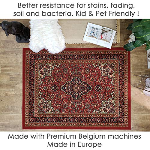 Rubber Backed Area Rug, 58 x 78 inch , Persian Medallion Carmine Red, Non Slip, Kitchen Rugs and Mats
