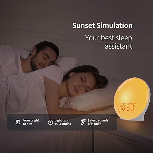 Miniatura 5 de Reloj despertador con luz de amanecer para dormitorio, con altavoz Bluetooth estéreo de 5 W, simulación de amanecer, temporizador de sueño, alarma