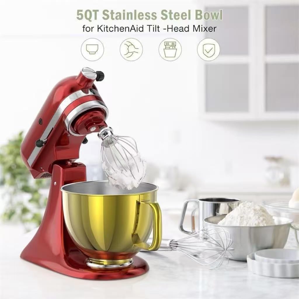 Stainless Steel Mixing Bowl for KitchenAid Tilt-Head Mixer, Polished Finish with Handle, 304 Food-Grade Material (Golden)