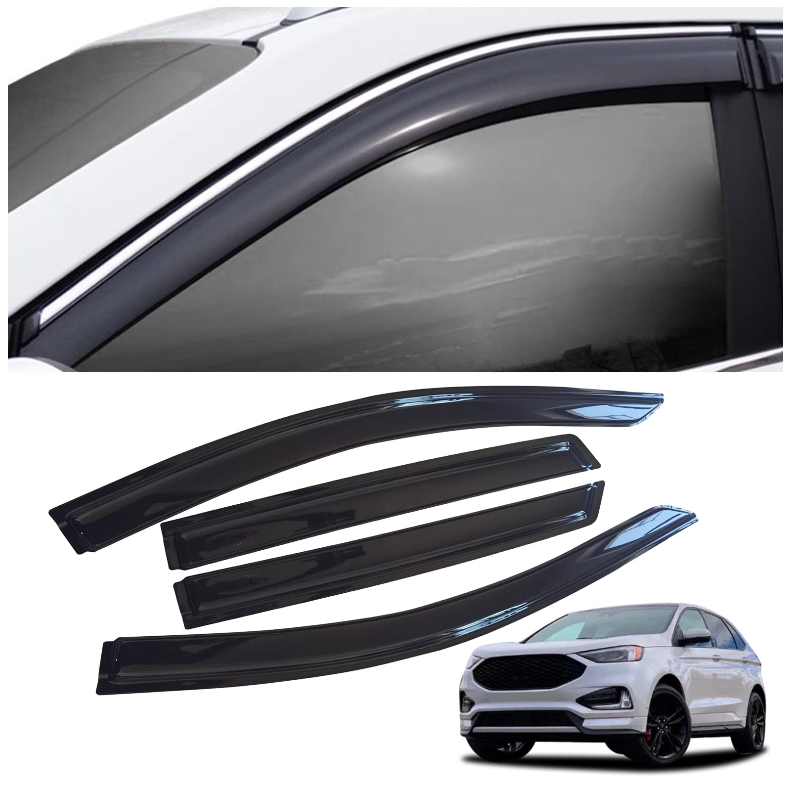 4 Pieces Tape-on Extra Durable Rain Guards Fit for 2015-2023 Ford Edge,Window Deflectors,Window Visors 94930 (Smoke Black)