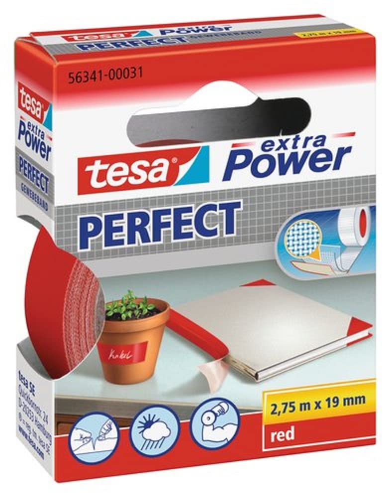 tesa Extra Power Perfect Cloth Tape - Fabric-Reinforced Repairing Tape for Crafting, Repairing, Fastening, Reinforcing and Labelling - Red - 2.75 m x 19 mm