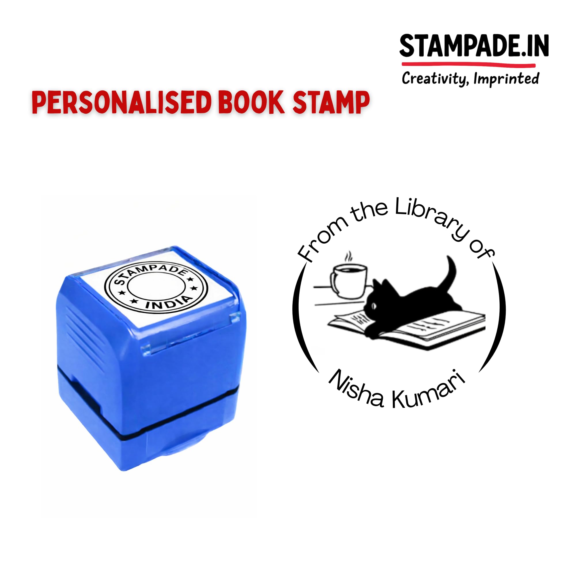 Custom Library Stamp with Name | Self-Inking Personalised Name Stamp for Teachers, Kids & Book Lovers | 3.8 cm Round | Stampade (L3 – Cat Reader)-image-11