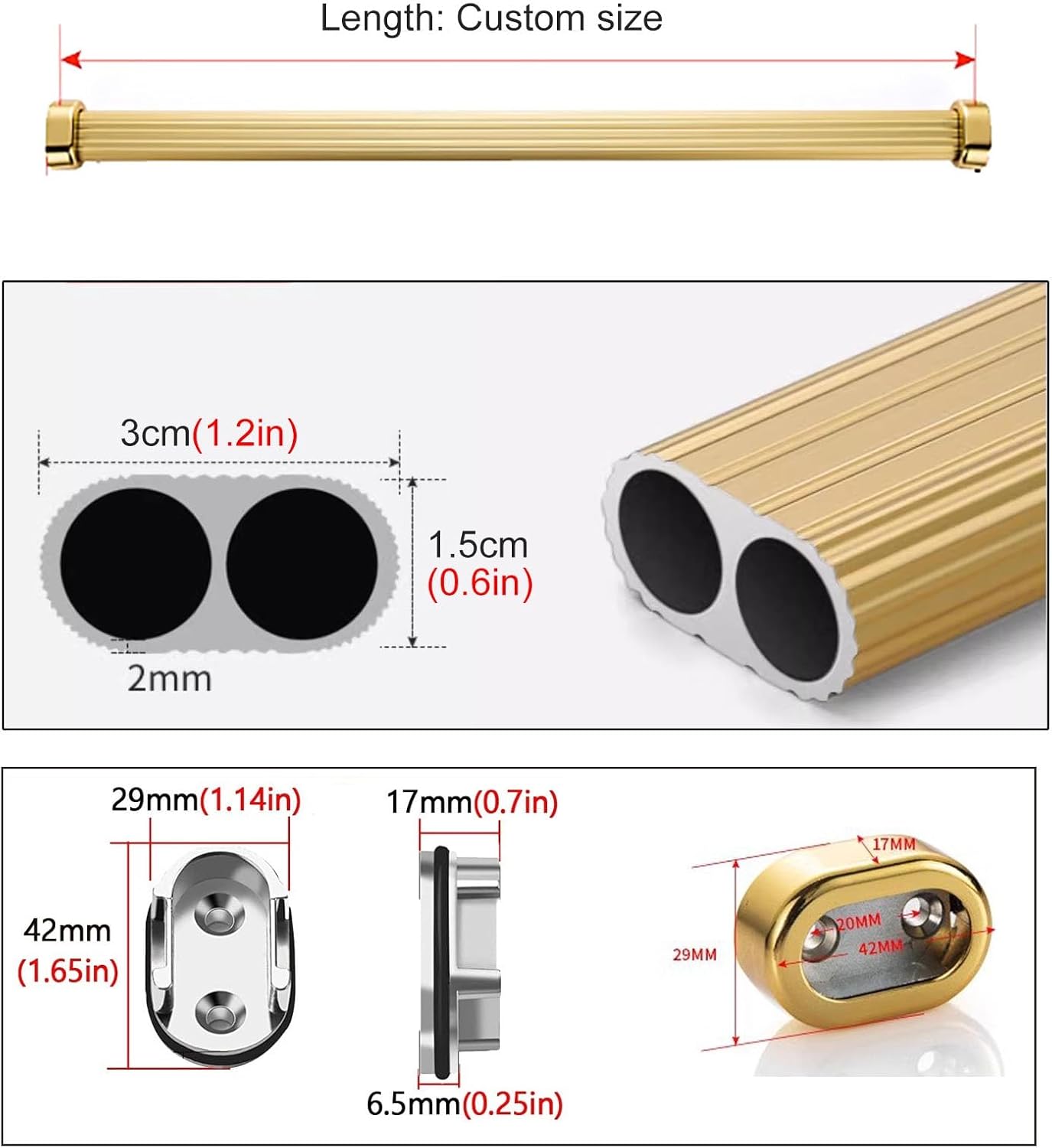 Heavy Duty Aluminum Closet Rod - Detachable Oval Wardrobe Pole for Clothes Hanging, Perfect for Cloakroom, Shower, Balcony Storage Solutions
