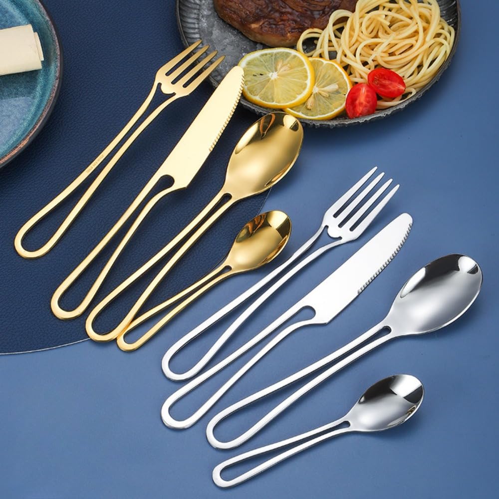 Manico Cavo Cucina in Acciaio Inox Argenteria Stoviglie Posate Set Posate Bistecca Coltello Forchetta Cucchiaio Cucchiaino (Argento,16 pezzi)