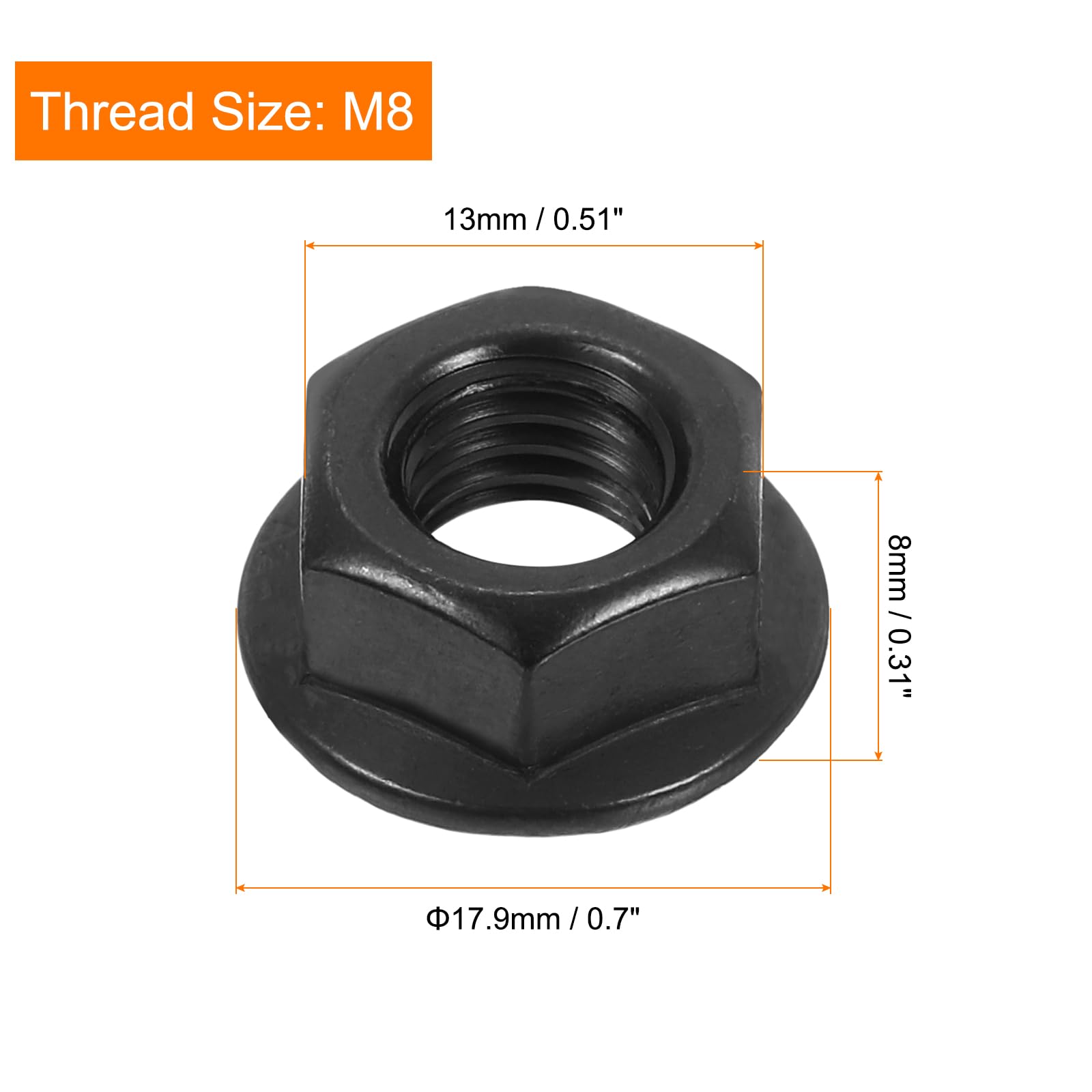 sourcing map Lot de 25 écrous de verrouillage hexagonaux à bride dentelée M8 x 1,25 mm, en acier inoxydable 304, filetage complet, finition brillante, noir