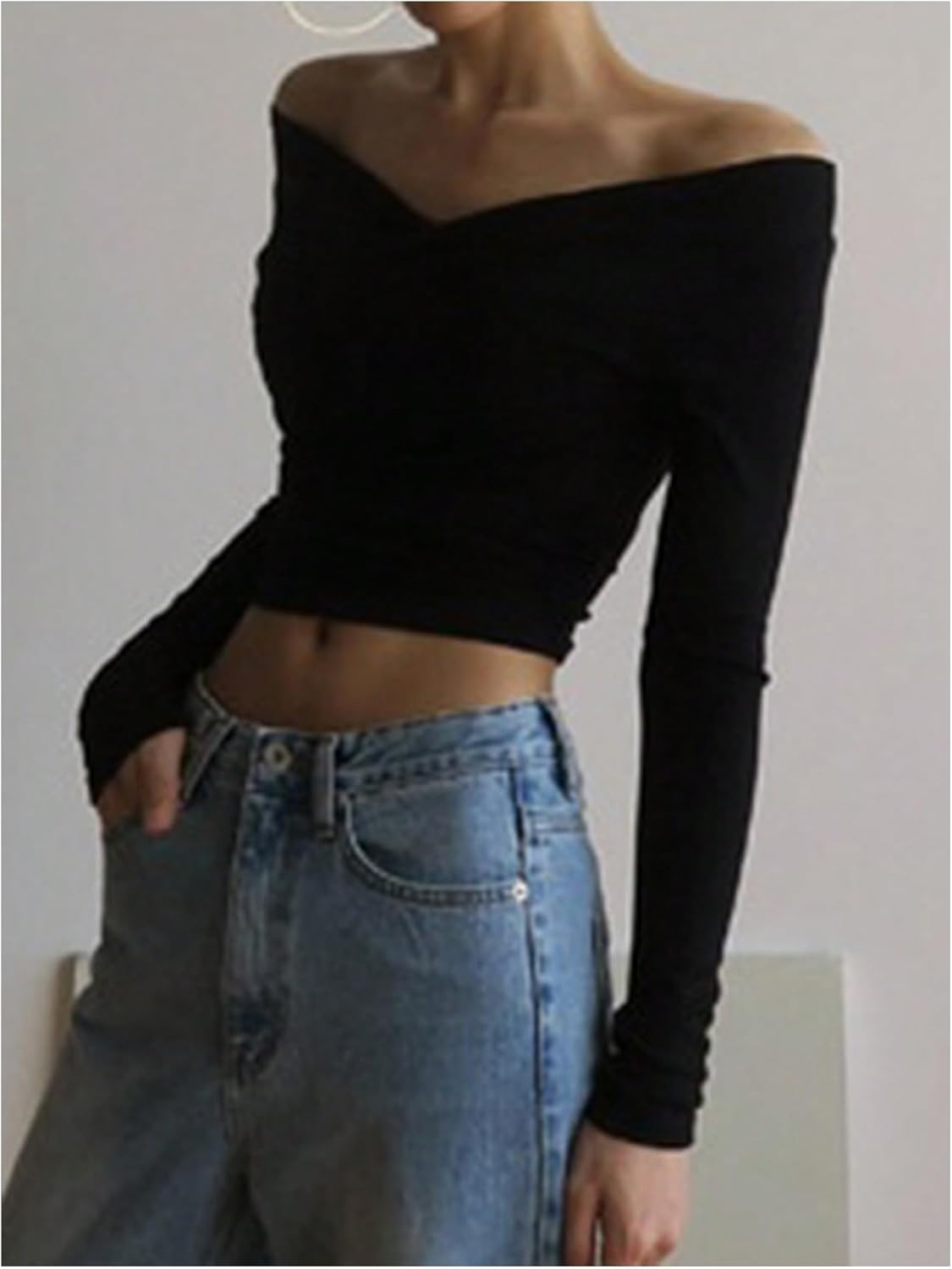 GORGLITTER Women's Off The Shoulder Crop Top Sexy Wrap Ruched Going Out Outfits Long Sleeve Y2K Fashion Cropped T Shirts - Image 4