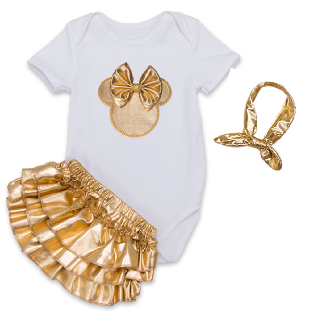 stylesilove Infant Baby Girl Minnie Inspired Bow Romper with Bloomers and Headband 3 pcs Outfit Set (80/6-12 Months, White)