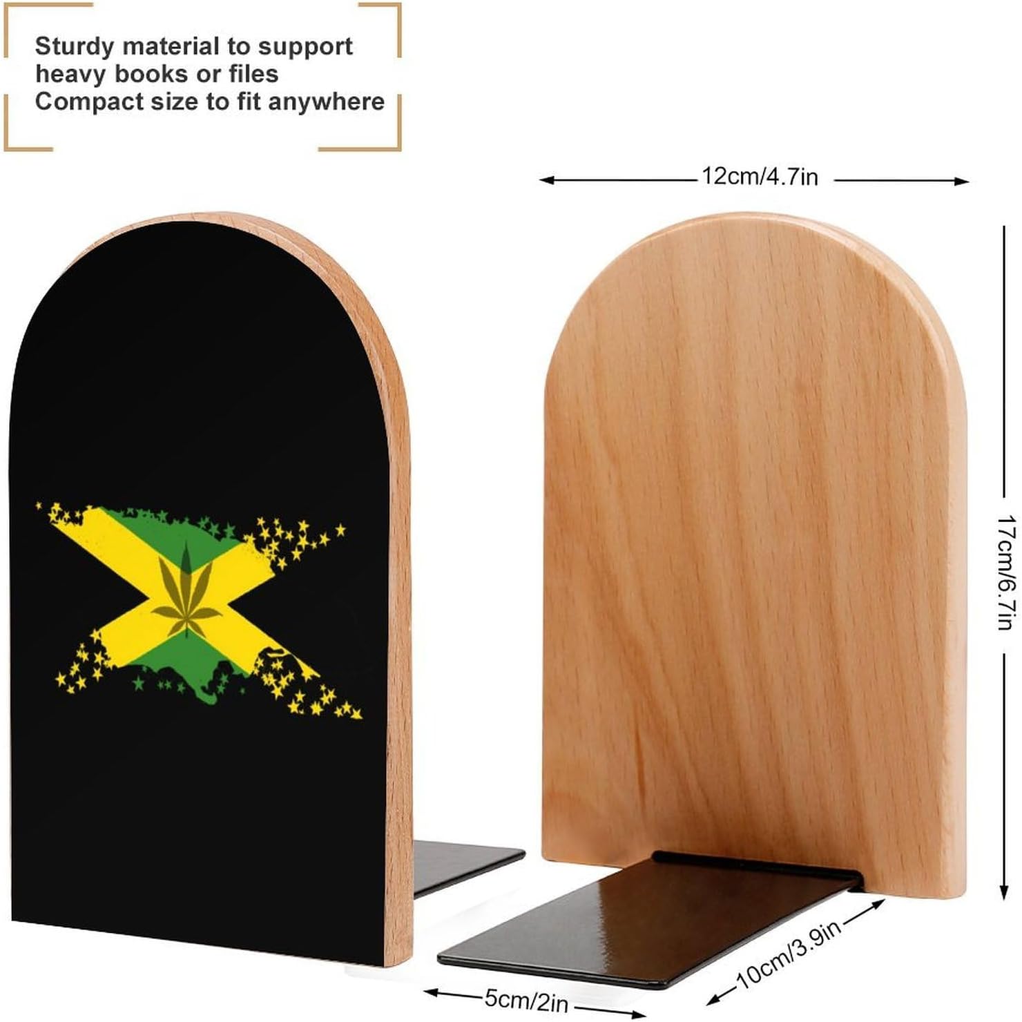 Jamaica Map Flag Weed Cute Wood Book Ends Decorative Bookends 1 Pair Non-Skid for Shelves Home Office 7 X 5 Inch