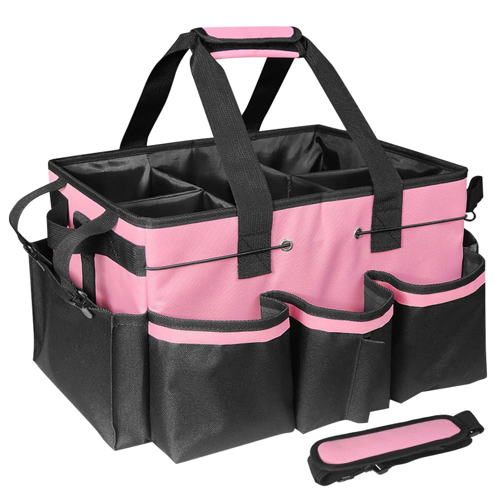 Cleaning Bag, Large Cleaning Caddy Bag with Handle, Shoulder Strap, Adjustable Divide and Multiple Pockets, Cleaning Products Organiser for Home, Craft, Car, Garden (Pink)