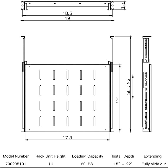Sliding Rack Server Shelf 1U 19'' 4 Post Rack Mount-Adjustable 15''-22''