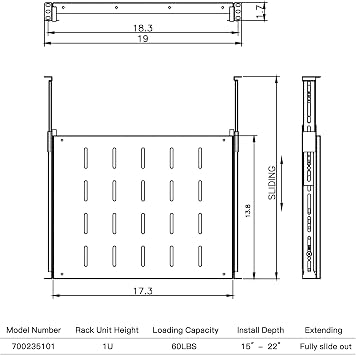 Sliding Rack Server Shelf 1U 19'' 4 Post Rack Mount-Adjustable 15''-22''