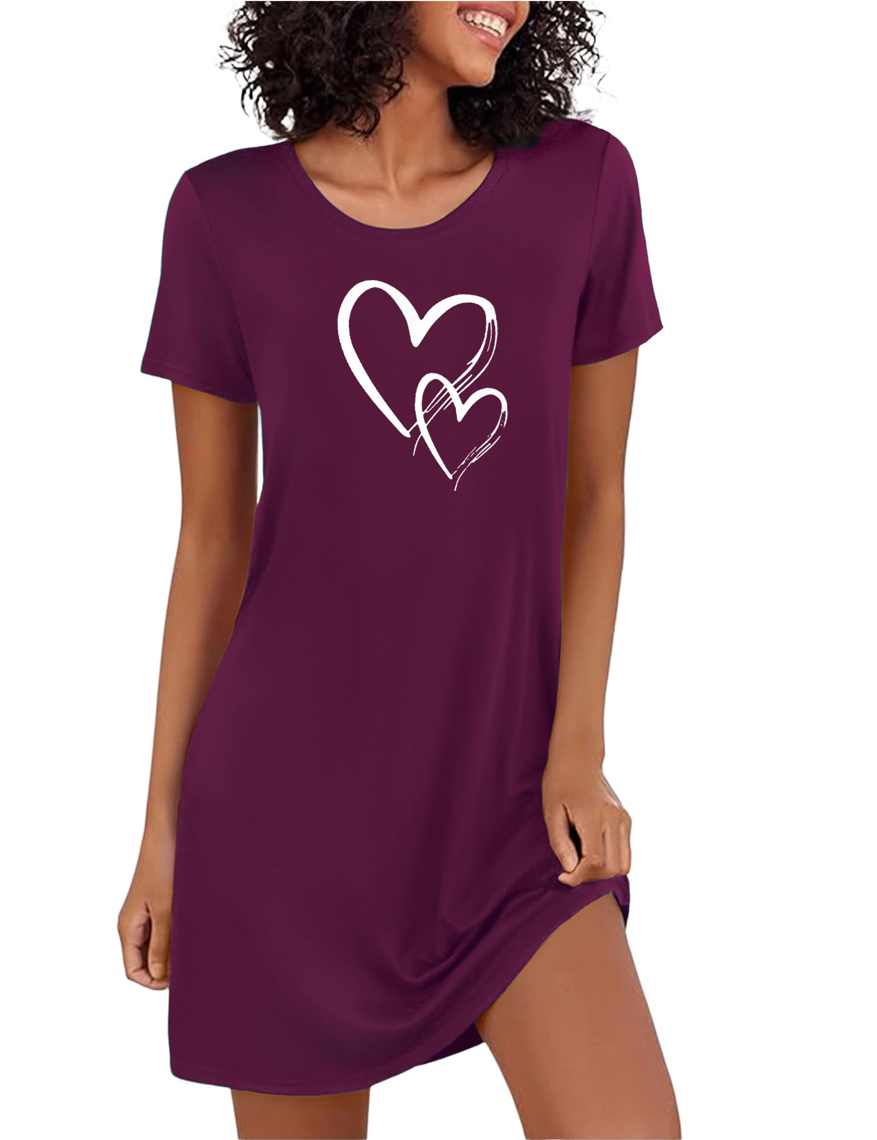 Marvmys Nachthemd Dames Korte Mouw Katoen V-hals Nachthemden Plus Size Slaapshirt Gedrukt Cœur Nachtkleding Vrouwen Zomer S-4XL, A-bordeauxrood, S