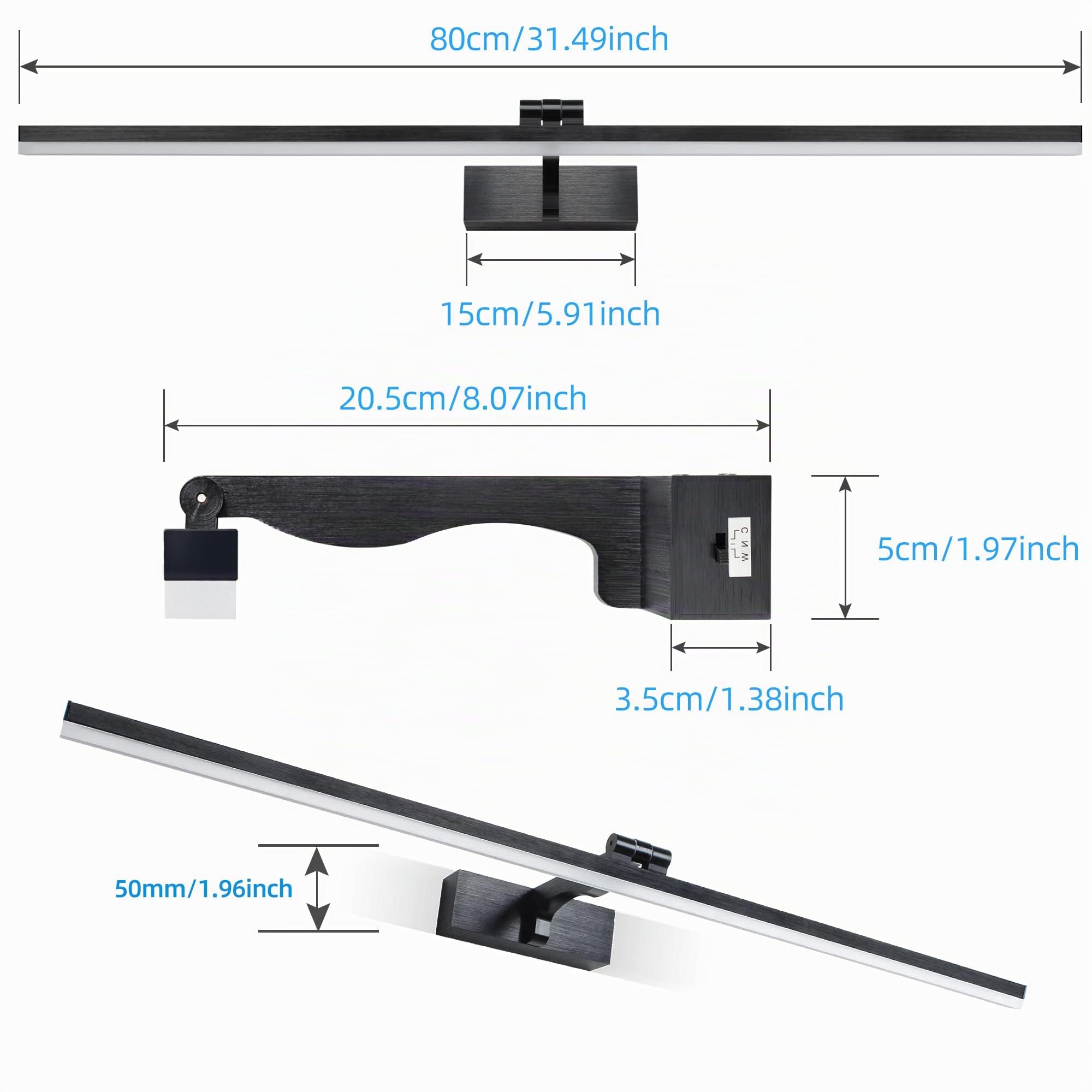 Lampe Miroir LED Salle de Bain 80cm 3 Températures de Couleur 180° Rotatif 1820LM 16W IP44 3000K/4500K/6000K