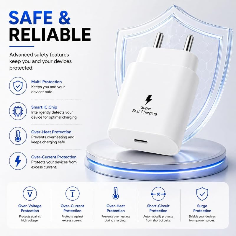 Image of 25W Type-C Superfast Charging Adapter Compatible with Samsung Galaxy A35|A27|A55|A56|A57|M14|M15|M16|M17|M47|F56|F57|F70e | 25 W Fast Charger Power Adaptor for Other USB C Mobile Phone, White