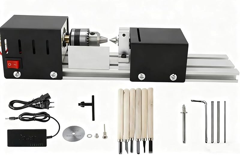 Mini máquina de torno profesional, máquina de carpintería con herramientas de torno, pulidora de cuentas de torno, máquina de torno de madera para carpintería CNC DIY (negro)