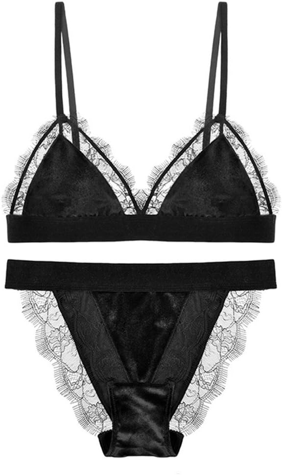 MY AGLAIA Velvet Lingerie Triangle Bralette Bra and Panty set Eyelash Lace Trim