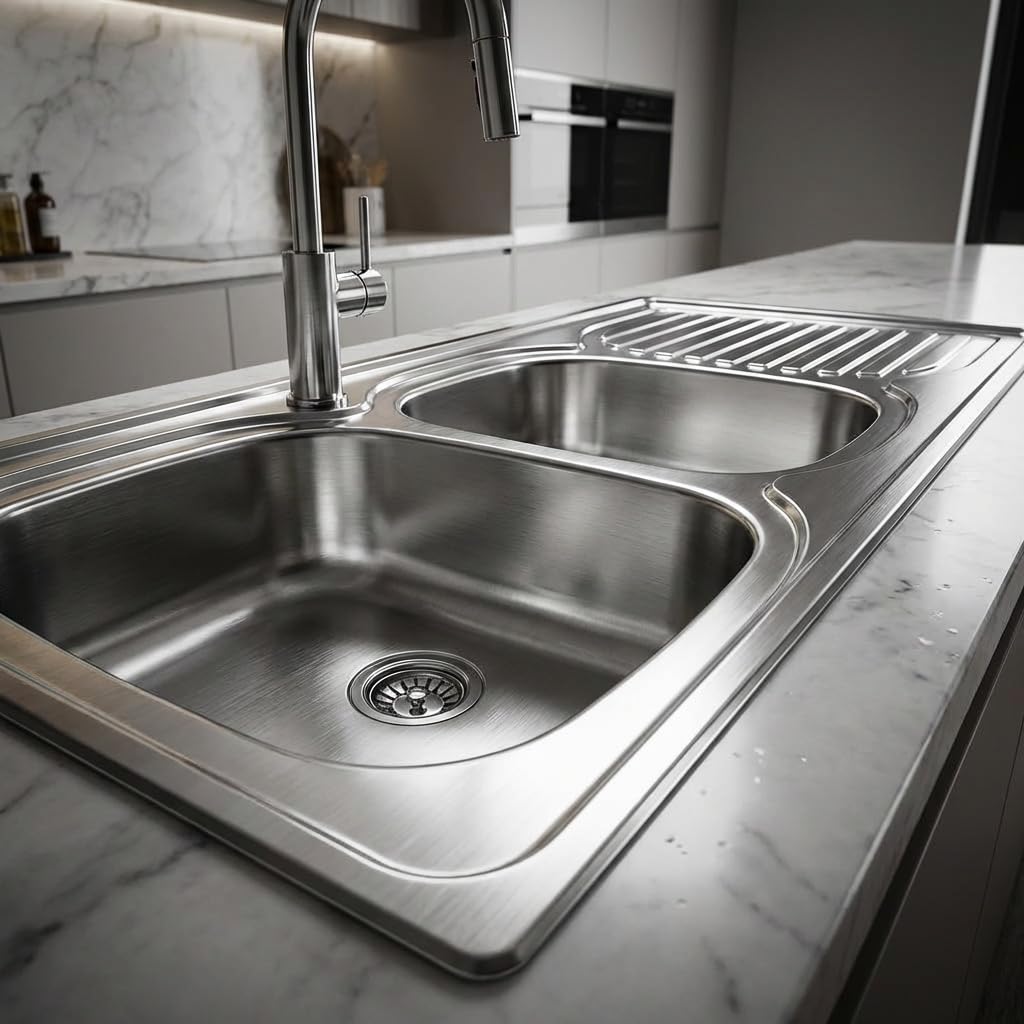 Évier de cuisine à poser en acier inoxydable avec 2 cuves et égouttoir 120 x 60 cm finition satinée - Tavo