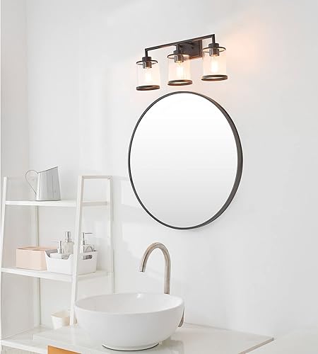 Miniatura 5 de Globe Electric 52059 - Juego de baño todo en uno de 5 piezas, negro mate, lámpara de tocador de 3 luces con pantallas de vidrio transparente,