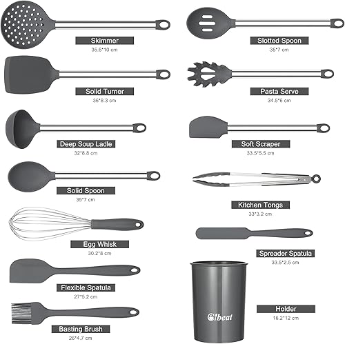Miniatura 2 de Juego de utensilios de cocina, 13 piezas de silicona para cocinar, resistentes al calor, antiadherentes, asas de acero inoxidable, herramientas de