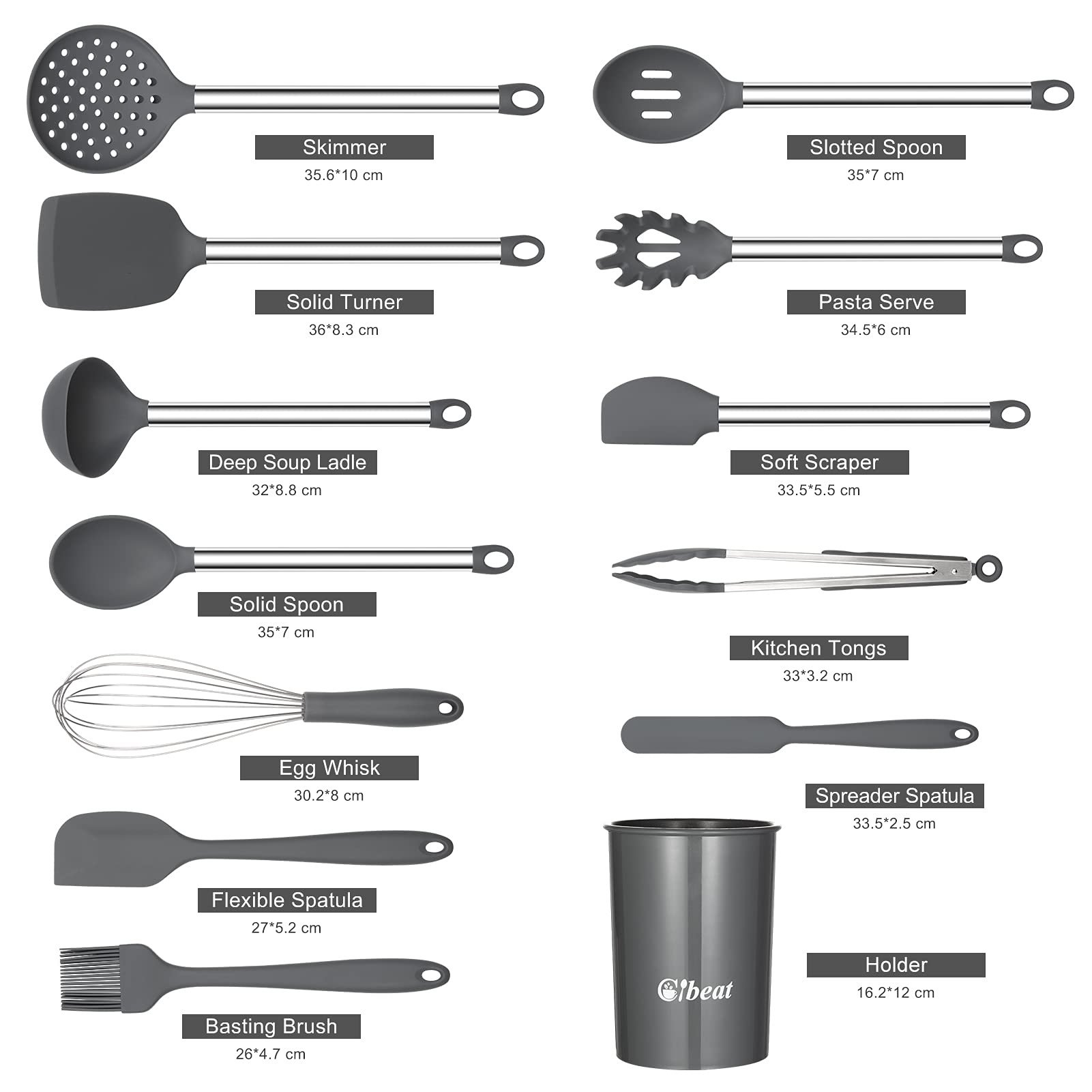 Fashionwu Juego de utensilios de cocina, 13 piezas, utensilios de cocina de silicona antiadherente resistente al calor, asas de acero inoxidable, incluye pinzas, espátulas, cucharas y más, color gris
