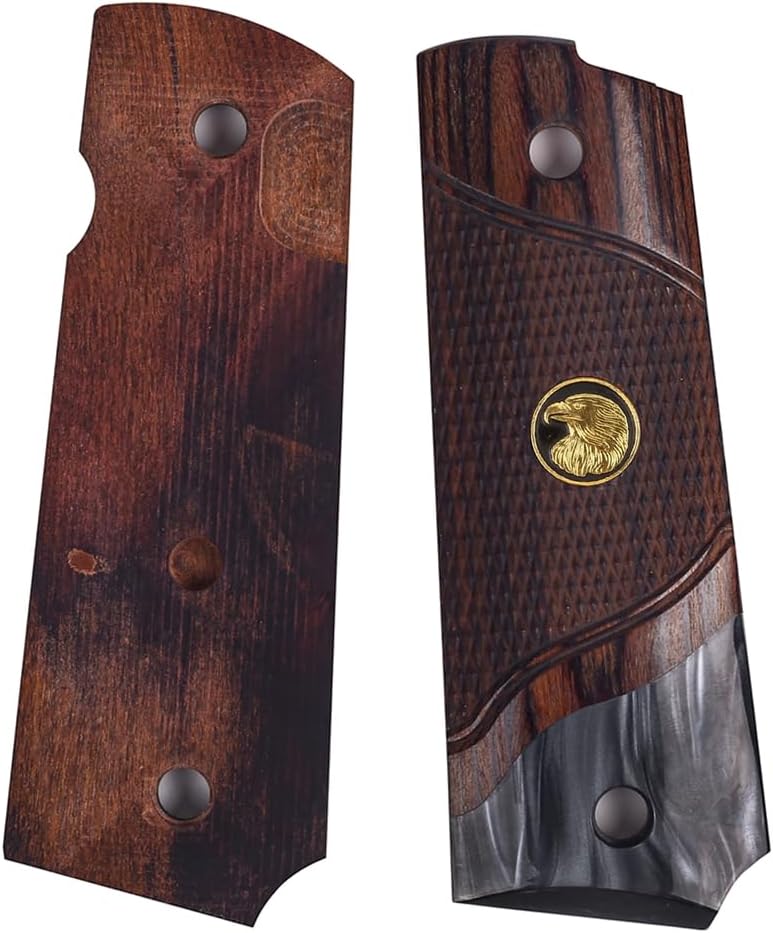 Cool Hand 1911 Wood Grips, Grips Gold Screws Included, Full Size (Government/Commander), Checker Diamond Cut or w/Patriotic US Logo or Honey Comb Texture, Ambi Safety Cut