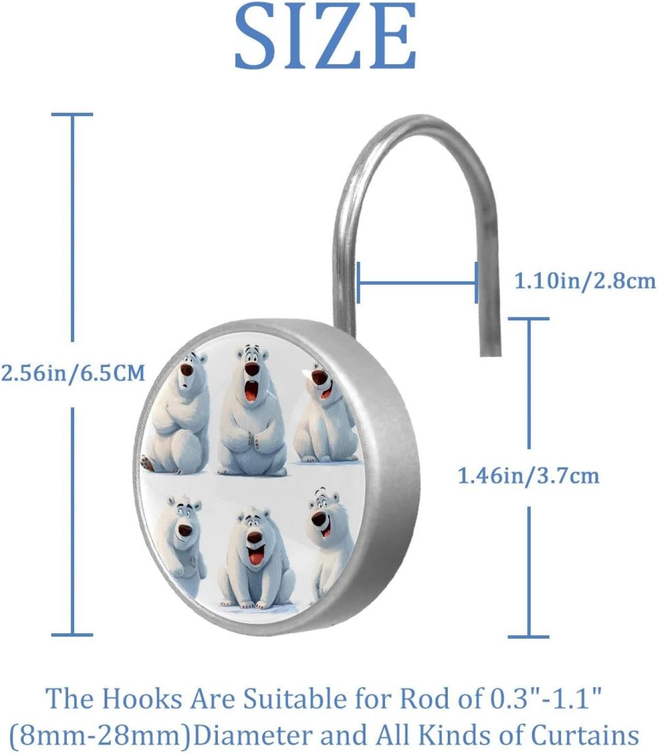 12PCS Cute Cartoon Polar Bears (1) Shower Curtain Hooks Rings for Bathroom, Decorative Shower Curtain Hooks Rods Curtains and Liner