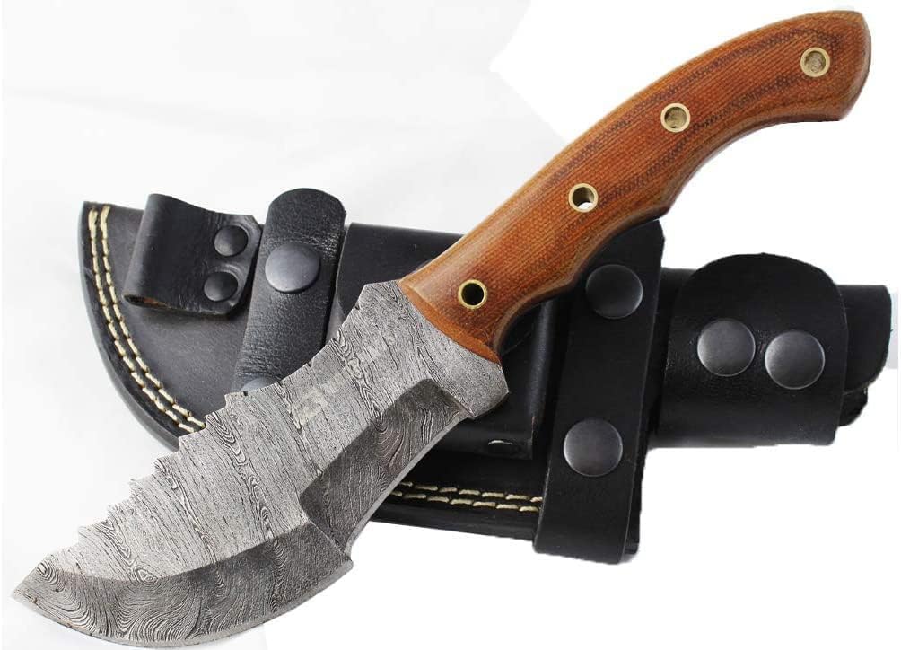 Moorhaus Handmade Random Damascus G10 Brown Micarta Tracker Knife With Leather Sheath