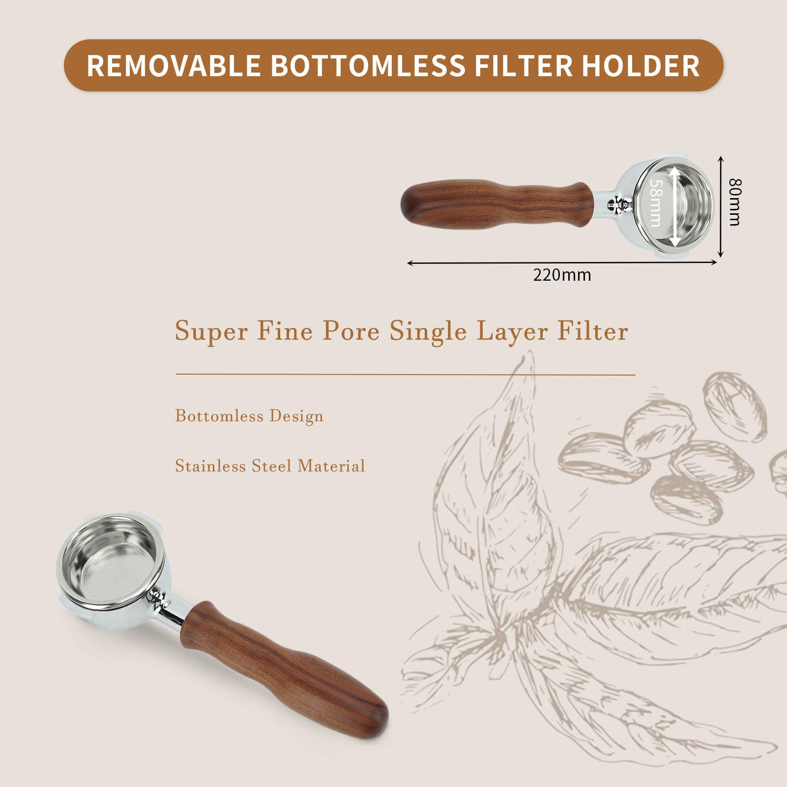 Filtro Senza Fondo per Caffè 58mm Portafiltro Senza Fondo Portafiltro per Caffè Macchina da Caffè Manico in Legno Accessori per Caffettiera(Rossa