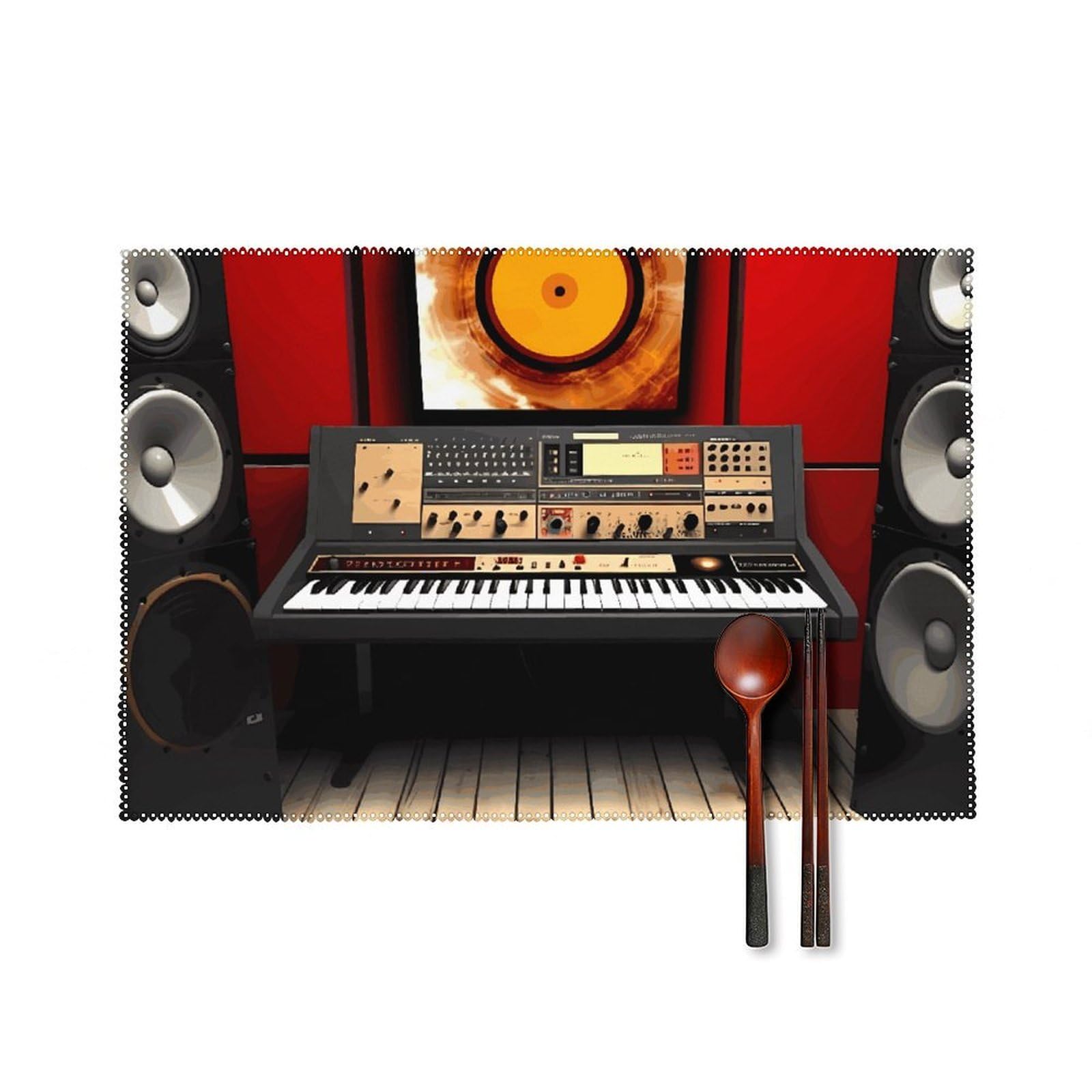 Music Studio Placemats Set of 6, 12x18 Inch Heat Resistant Washable Canvas Table Mats, Stain Resistant Decorative Dining Placemats for Kitchen, Restaurant, Outdoor Party