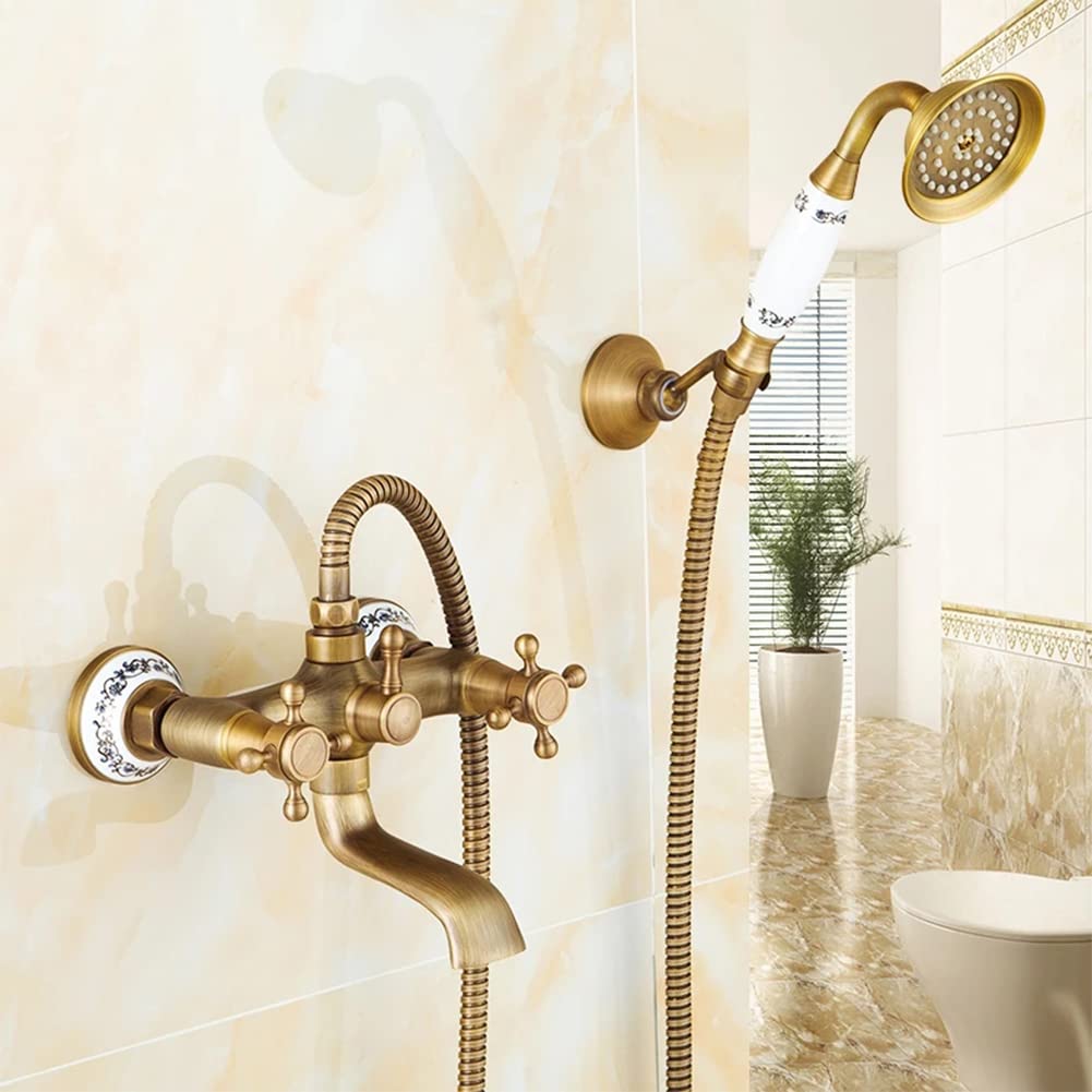 Grifo Bañera Grifo De Ducha En Pared Antiguo Vintage Estilo Latón Dos Asas Mezclador De Baño, Con Ducha De Mano, Manguera Y Soporte, Acabado De Latón Antiguo