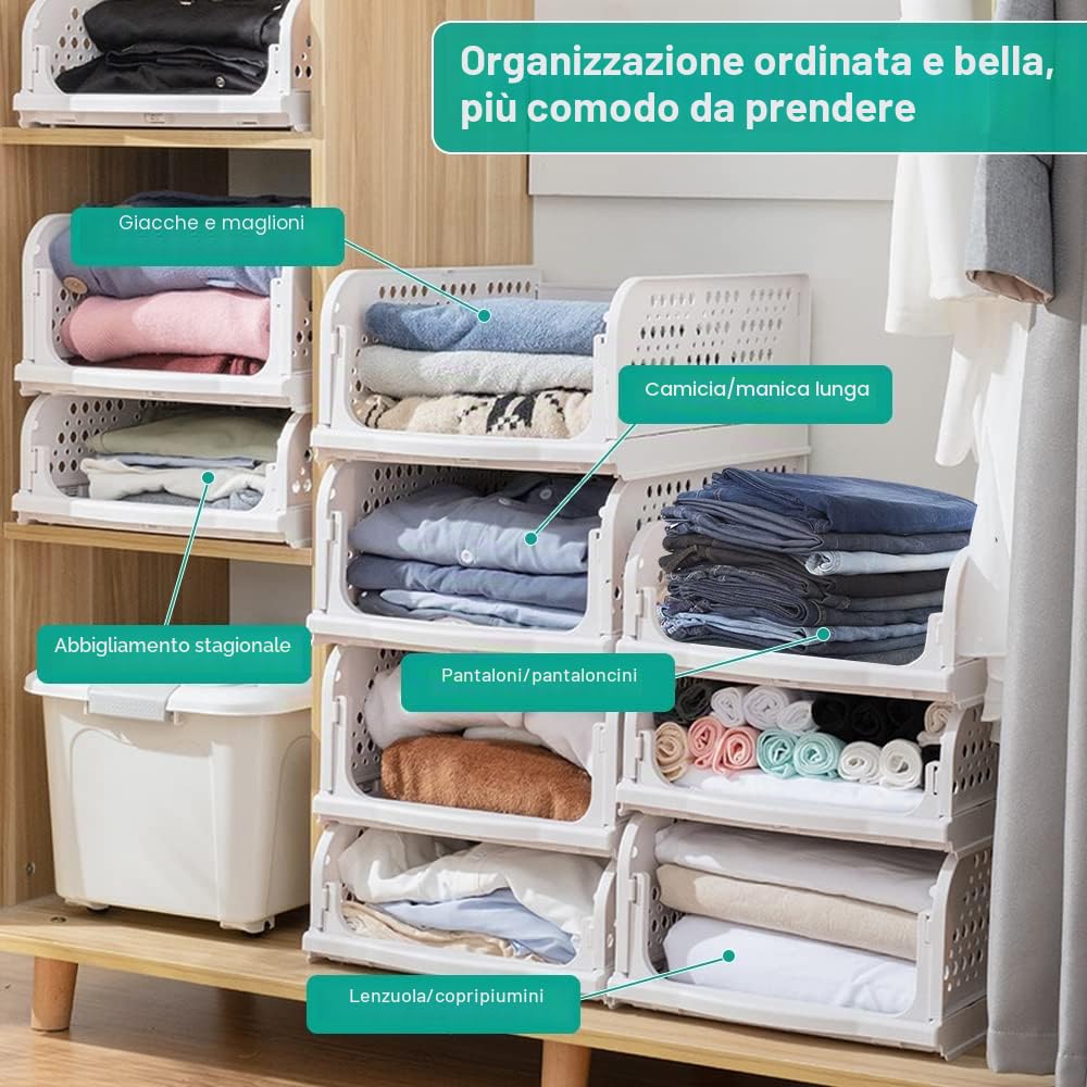 THATSRAD 3 Pezzi Scatole Pieghevoli per Guardaroba in Plastica Contenitori Impilabili per Armadio Organizzatori Impilabili per Guardaroba 43x33,5x14cm Adatti per Casa Camera da Letto Cucina, Bianco