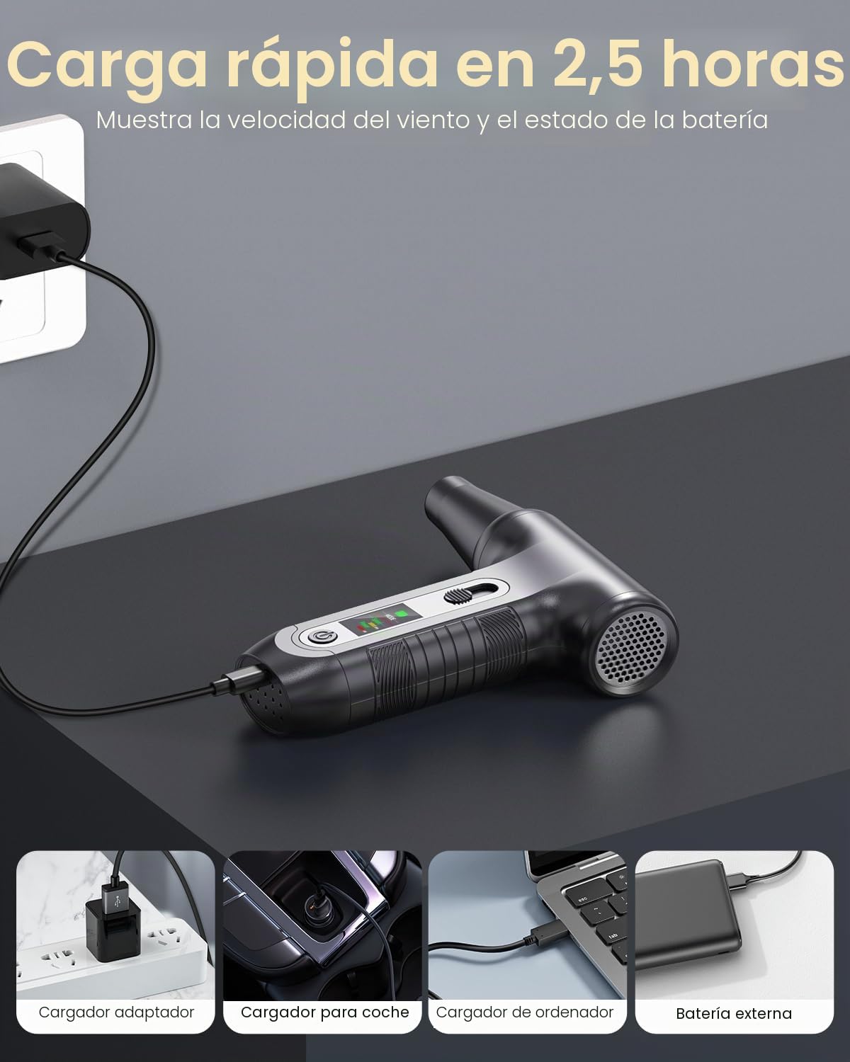 Soplador de Aire Potente con Pantalla Digital HD - Air Duster 200000 RPM con Luz LED, Batería 6000 mAh, Aire Comprimido Limpieza PC, Coche, Oficina, Sustituto de Spray Aire Comprimido, W06-Plata