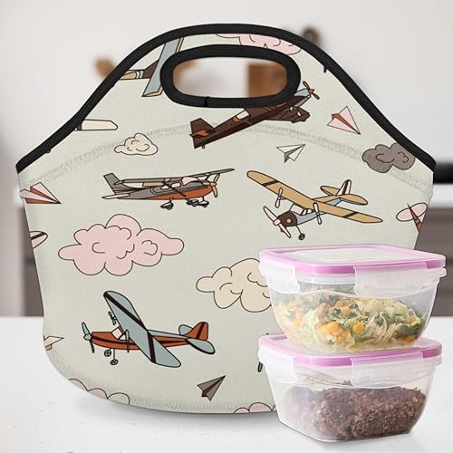 Miniatura 6 de bisibuy Bolsas de almuerzo de neopreno con cremallera retro para aviones, aisladas, pequeña, hielera, bolsa de almuerzo, bolsa de picnic de viaje,