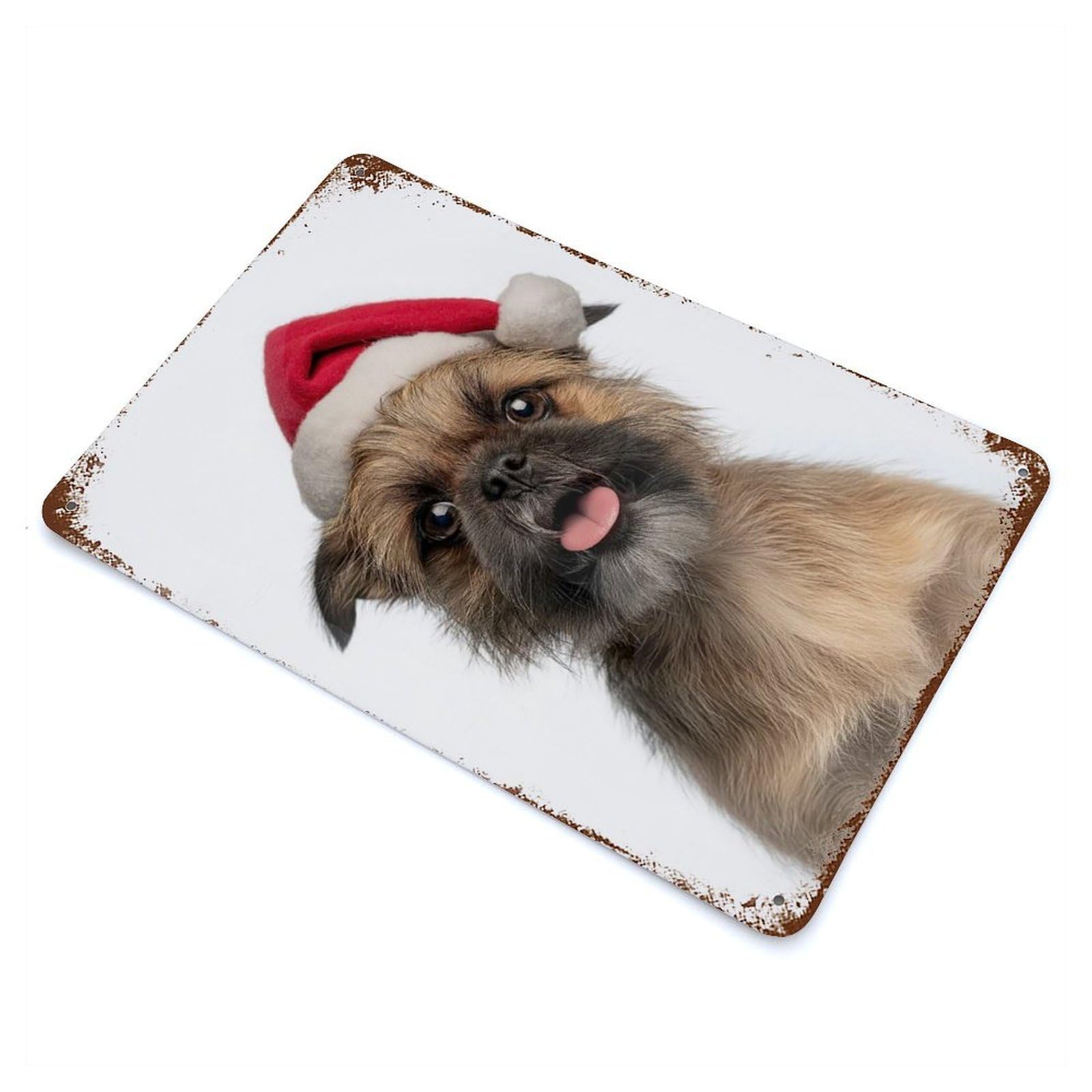 Brussels Griffon Dog with Santa Hat Vintage Wall Sign 11.8"x7.9", Rust Effect Metal Decor for Farmhouse, Kitchen And Entryway Decor