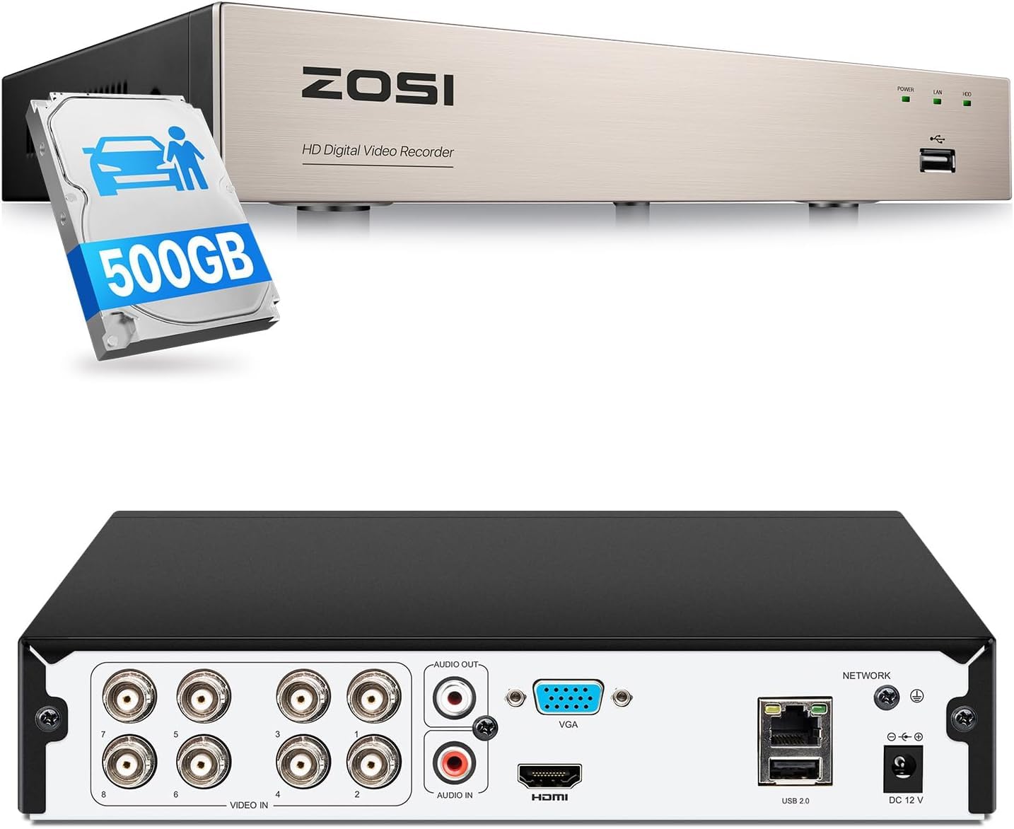 ZOSI 8CH 1080P CCTV AI DVR for Home Security Cameras with 500GB Hard Drive