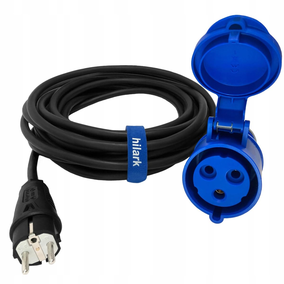 Hilark - Prolunga elettrica H07RN-F 3g1,5 mm (3 x 1,5 mm), spina industriale CEE a 3 pin, adattatore per campeggio, auto, barca, cantiere (35 metri, blu, nero)